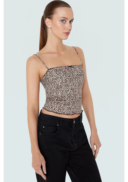 Basic Crop Bluz Leopar Desenli Poliamid Örme Rahat Premium Kalite Seçkin Malzeme Zarifane Tasarım modelleri