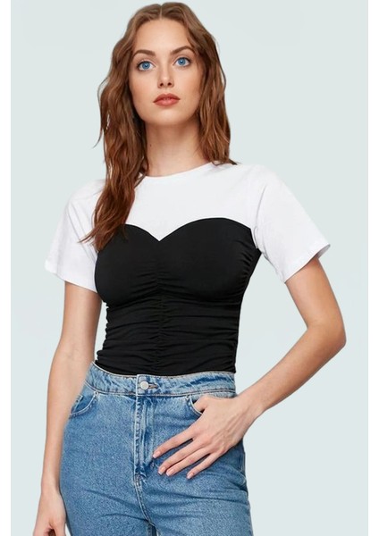 Renk Bloklu Bisiklet Yaka Kısa Kollu Fitted Pamuk Bluz Sandy Dokuma Casual Özenle Seçilmiş fiyatları