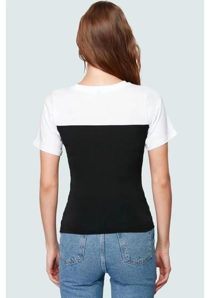 Renk Bloklu Bisiklet Yaka Kısa Kollu Fitted Pamuk Bluz Sandy Dokuma Casual Özenle Seçilmiş modelleri