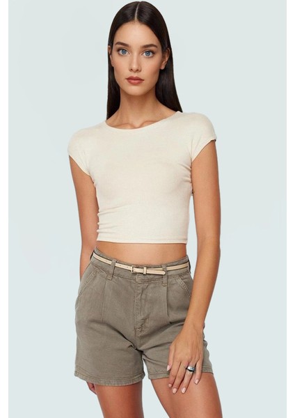 Kadın Kolsuz Örme Bluz Renk Basic Fitted Crop Bisiklet Yaka Konforlu Kesim Özel Tasarım