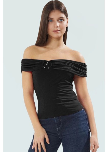 Rahat ve Şık Bluz Sandy Dokuma Polyester Elastan Karışımı Carmen Yaka Premium Kalite