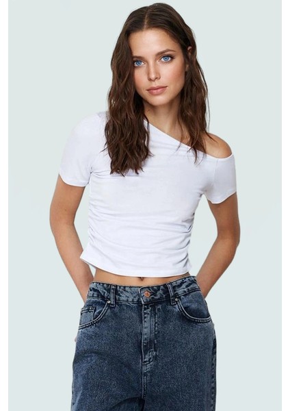 Asimetrik Yaka Basic Crop Bluz Örme Pamuklu Kumaş Yazlık Günlük Kombin Trend Tasarım fiyatları