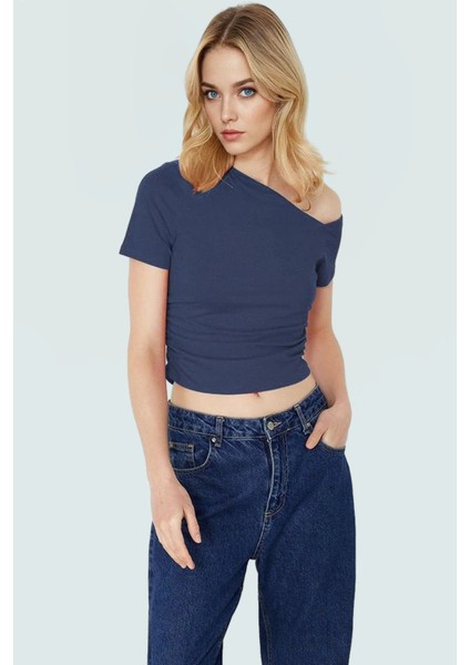 Asimetrik Yaka Basic Crop Bluz Örme Pamuklu Kumaş Yazlık Günlük Kombin Trend Tasarım fiyatları