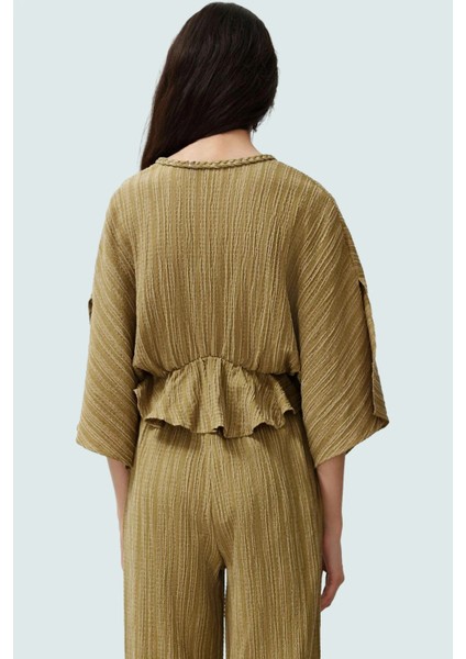 Dokuma Crinkle Bluz V Yaka Keten Karışımlı Yazlık Şıklık Rahat Kullanım Profesyonel Görünüm modelleri