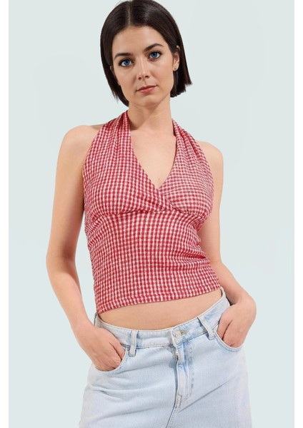 Rahat ve Şık Kareli Boyundan Bağlamalı Bluz Örme Kumaş Yazlık Görünüm Premium Kalite