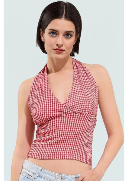 Rahat ve Şık Kareli Boyundan Bağlamalı Bluz Örme Kumaş Yazlık Görünüm Premium Kalite fiyatları