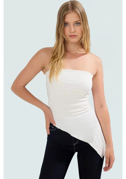 Yazlık Kolsuz Bluz Straplez Asimetrik Viskon Ribana Kumaş Uzun Ömürlü Zarifane Tasarım