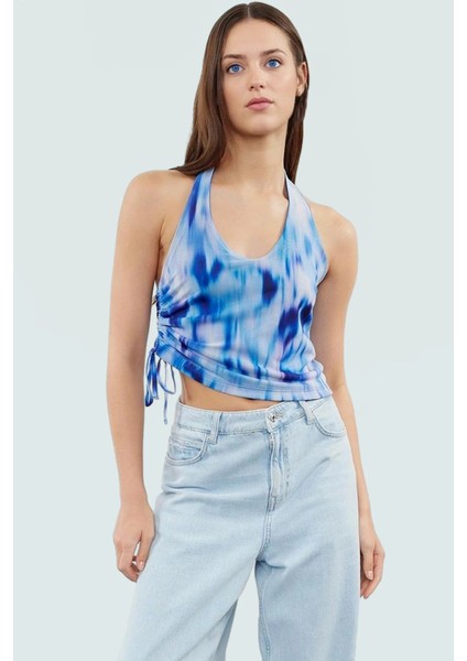 Boyundan Bağlamalı Crop Bluz Soyut Desenli Örme Tül Günlük Stil Yüksek Kalite