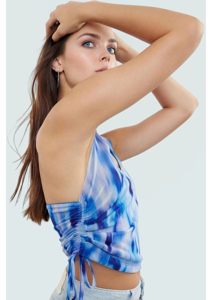Boyundan Bağlamalı Crop Bluz Soyut Desenli Örme Tül Günlük Stil Yüksek Kalite fiyatları