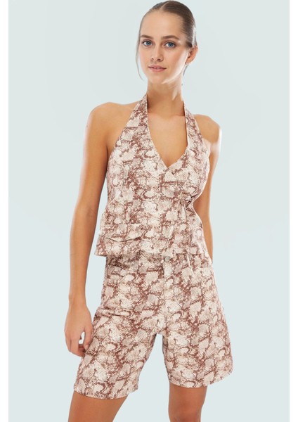 100 Pamuk Gabardin Kumaştan Çok Yılan Desenli Crop Bluz Melek Kol Boyundan Bağlamalı