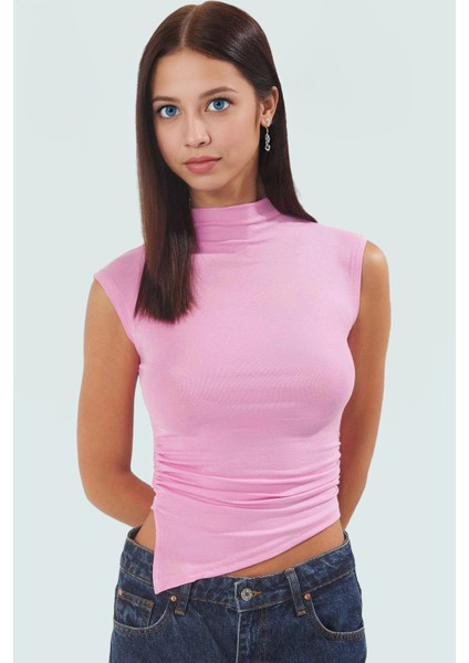 Dik Yaka Fitted Örme Bluz Regular Boy Asimetrik Kesim Mükemmel Uyum Özel Tasarım