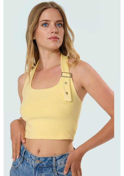 Fitted Kalıp Viskoz Ribana Crop Bluz Boyundan Bağlamalı Yaka Günlük Stil