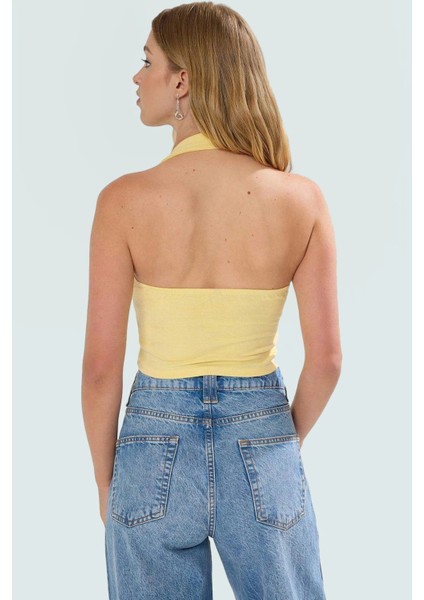 Fitted Kalıp Viskoz Ribana Crop Bluz Boyundan Bağlamalı Yaka Günlük Stil modelleri