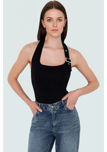 Fitted Kalıp Viskoz Ribana Crop Bluz Boyundan Bağlamalı Yaka Günlük Stil