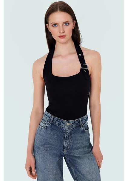 Fitted Kalıp Viskoz Ribana Crop Bluz Boyundan Bağlamalı Yaka Günlük Stil fiyatları