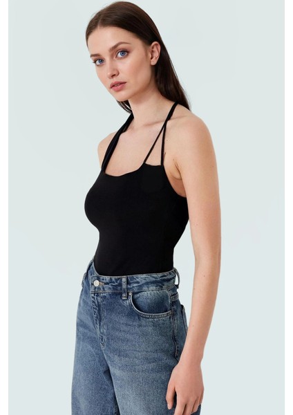 Fitted Kalıp Viskoz Ribana Crop Bluz Boyundan Bağlamalı Yaka Günlük Stil modelleri