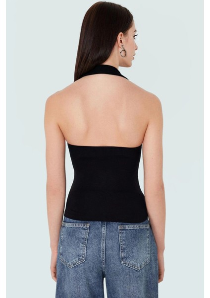 Fitted Kalıp Viskoz Ribana Crop Bluz Boyundan Bağlamalı Yaka Günlük Stil fırsatları