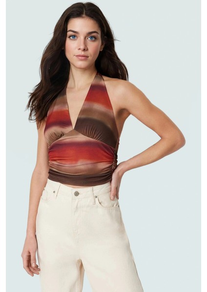Vücuda Oturan Boyundan Bağlamalı Crop Bluz Polyester Elastan Sandy Dokuma Yüksek Kalite
