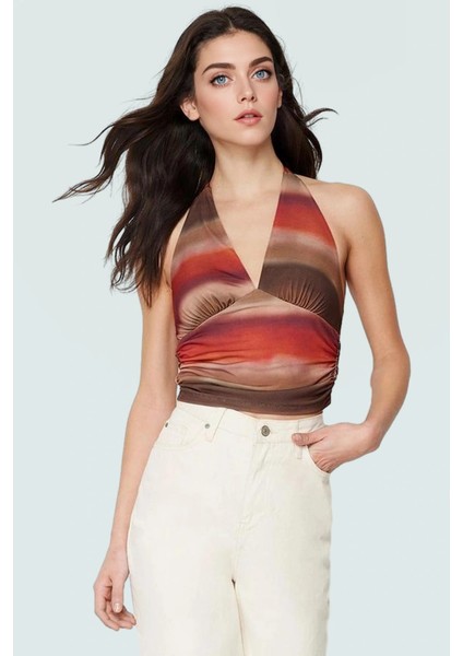 Vücuda Oturan Boyundan Bağlamalı Crop Bluz Polyester Elastan Sandy Dokuma Yüksek Kalite modelleri