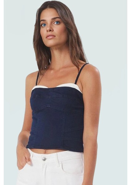 Ince Askılı Denim Crop Bluz Fitted Kalıp Kalp Yaka Stretch Yazlık Şık Görünüm Özel Tasarım