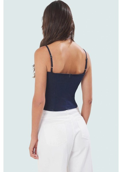 Ince Askılı Denim Crop Bluz Fitted Kalıp Kalp Yaka Stretch Yazlık Şık Görünüm Özel Tasarım modelleri