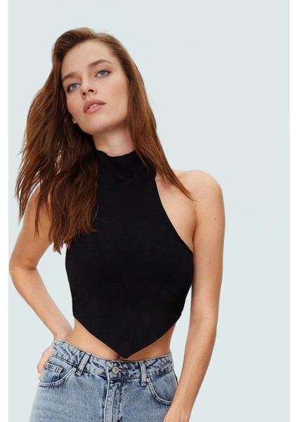 Sırt Detaylı Örme Bluz Dik Yaka Super Crop Polyester Karışımlı Premium Kalite Trend Tasarım fiyatları