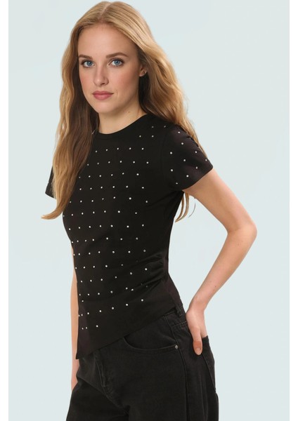 Asimetrik Taşlı T Shirt Pamuklu Fitted Yazlık Dayanıklı Malzeme Modern Stil Özenle Seçilmiş fiyatları