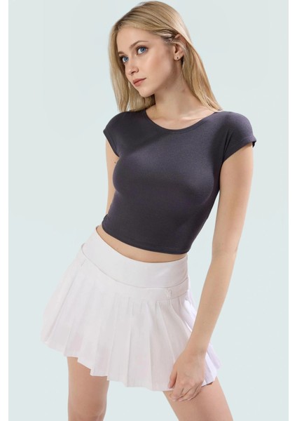 Viskon Ribana Kadın Crop Bluz Ay Kol Bisiklet Yaka Fitted Günlük Özenle Seçilmiş Seçkin Malzeme