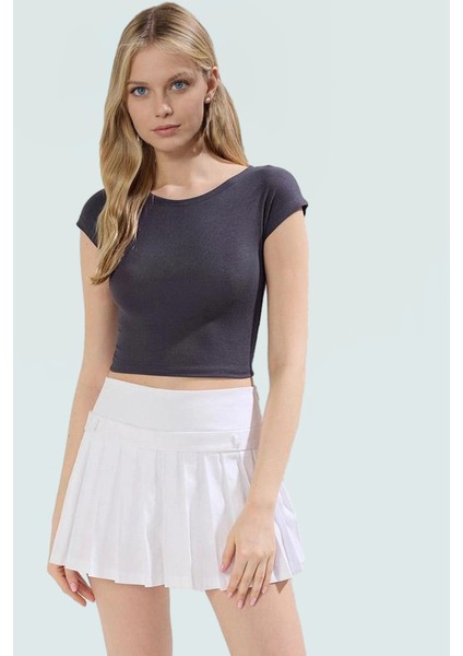Viskon Ribana Kadın Crop Bluz Ay Kol Bisiklet Yaka Fitted Günlük Özenle Seçilmiş Seçkin Malzeme fiyatları