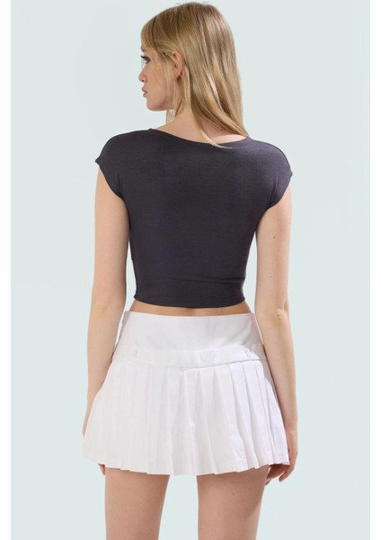 Viskon Ribana Kadın Crop Bluz Ay Kol Bisiklet Yaka Fitted Günlük Özenle Seçilmiş Seçkin Malzeme modelleri