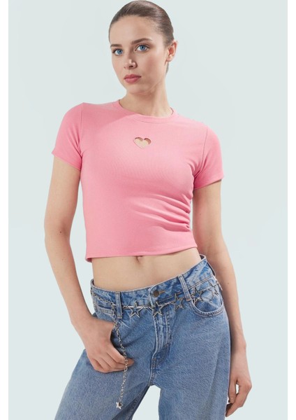 Yazlık Ottoman Örme Bluz Bisiklet Yaka Kısa Kol Fitted Kalıp Kalp Detay Yüksek Kalite