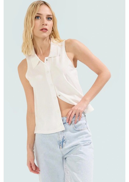 Regular Kalıp Kolsuz Bluz %96 Polyester %4 Elastan Polo Yaka Rahat Yazlık Zarifane Tasarım fiyatları