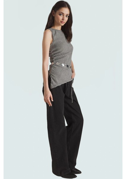 Asimetrik Kolsuz Örme Bluz Jakarlı Dokuma Polyester Kumaş Rahat Kullanım
