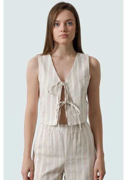 Önü Bağlamalı Çizgili Kolsuz Bluz Pamuklu Dokuma Rahat Kalıp Trend Tasarım Özenle Seçilmiş