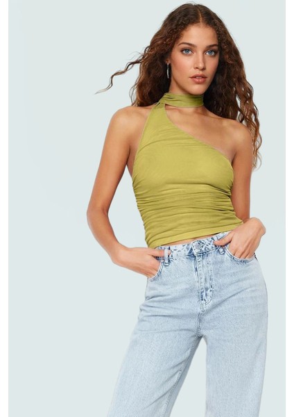 Polyester Elastan Bluz Bağlamalı Asimetrik Yaka Kolsuz Fitted Kalıp Yazlık fiyatları