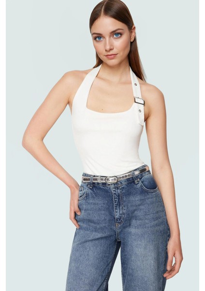 Aksesuar Detaylı Örme Crop Bluz %96 Viskoz %4 Elastan Yazlık Günlük Özenle Seçilmiş fiyatları