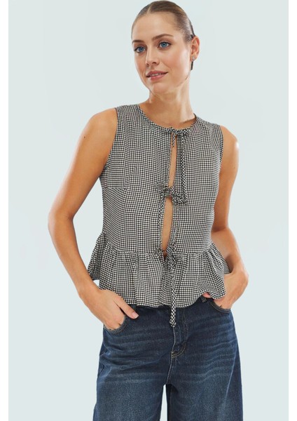 Yazlık Ekose Bluz Bisiklet Yaka Kolsuz Regular Kalıp Dokuma Kumaş Günlük Stil fiyatları