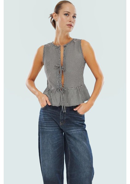 Yazlık Ekose Bluz Bisiklet Yaka Kolsuz Regular Kalıp Dokuma Kumaş Günlük Stil modelleri
