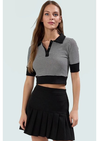 Rejenere Kaşkorse Crop Bluz Çizgili Polo Yaka Fitted Yazlık Konforlu Kesim Özenle Seçilmiş