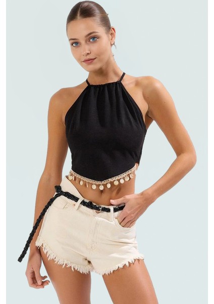 Aksesuarlı Plaj Bluz Nefes Alan Keten Karışımlı Dokuma Kolsuz Hakim Yaka Rahat ve Şık fiyatları