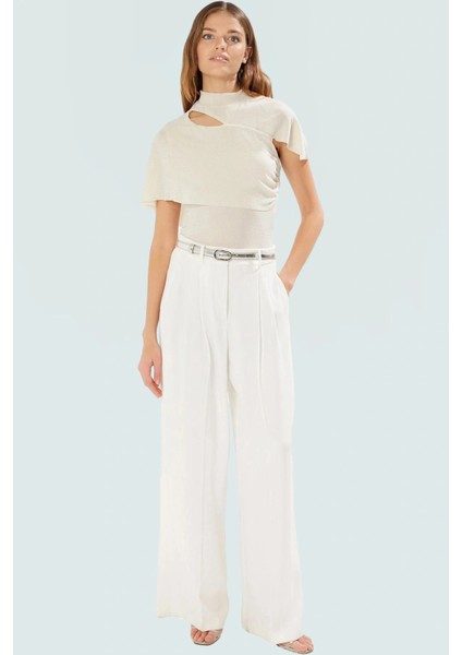 Şık Bluz Dik Yaka Cut Out Detay Simli Örme Yazlık Özel Tasarım Günlük Kullanım Için