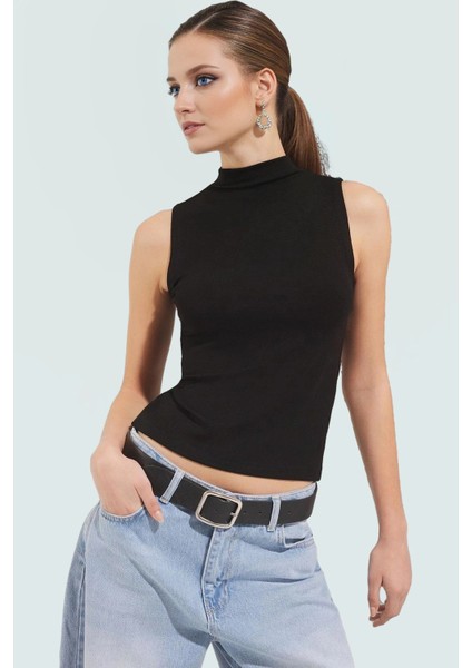 Regular Örme Bluz Dik Yaka Kolsuz Fitted Kalıp Günlük Yüksek Kalite Dayanıklı Malzeme