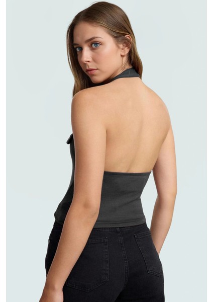 Aksesuar Detaylı Örme Crop Bluz %96 Viskoz %4 Elastan Yazlık Günlük Özenle Seçilmiş fiyatları