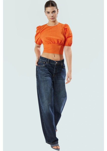 Rahat ve Şık Crop Bluz Dokuma Kumaş Bisiklet Yaka Yazlık Özel Tasarım