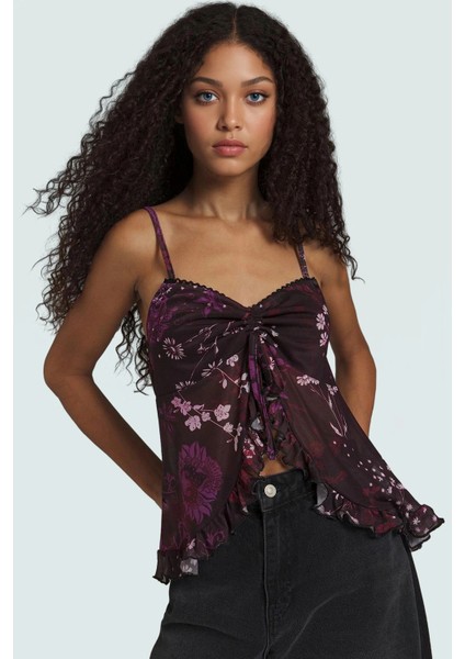 Regular Fitted Bluz Çiçek Desenli Tül Kumaş Kalp Yaka Yazlık Seçkin Malzeme