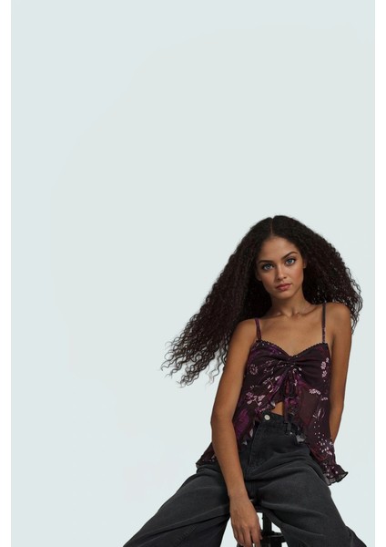 Regular Fitted Bluz Çiçek Desenli Tül Kumaş Kalp Yaka Yazlık Seçkin Malzeme fiyatları