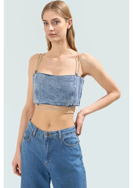 Taş Detaylı Denim Super Crop Bluz Yaz Partileri Için Trend Tasarım Yüksek Kalite fiyatları