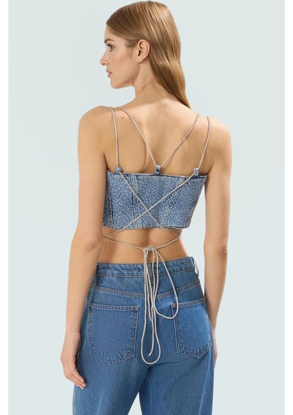 Taş Detaylı Denim Super Crop Bluz Yaz Partileri Için Trend Tasarım Yüksek Kalite modelleri