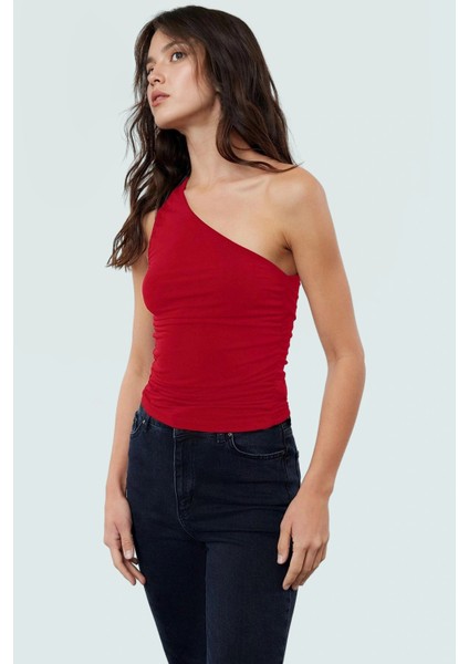Fitted Tek Omuz Bluz Esnek Örme Crop Boy Modern Stil Premium Kalite Seçkin Malzeme