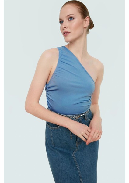 Fitted Tek Omuz Bluz Esnek Örme Crop Boy Modern Stil Premium Kalite Seçkin Malzeme